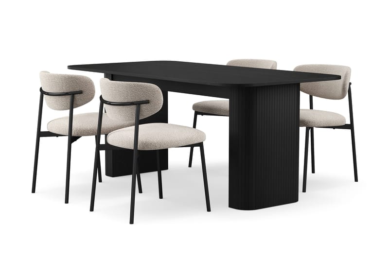 Kopparbo Spisebord 180-240 cm Uttrekkbart med 4 Lucy Spisestoler, Svart / Greige Bouclé / Metallben Svart