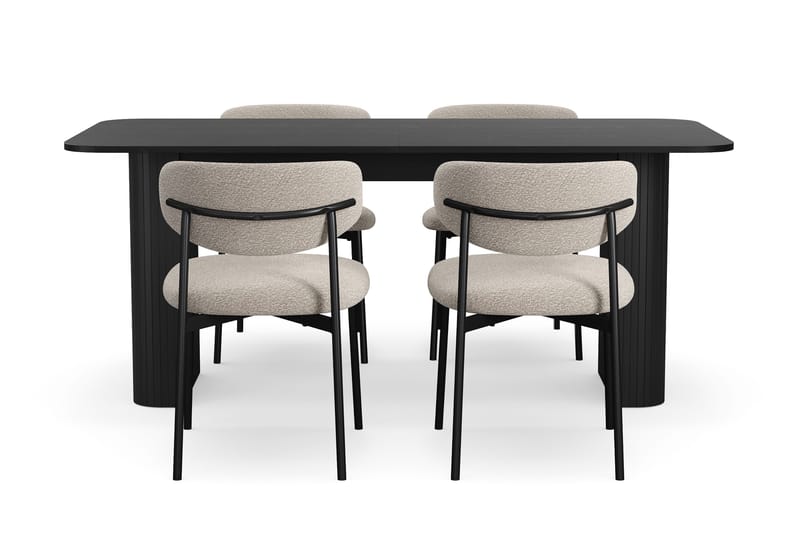Kopparbo Spisebord 180-240 cm Uttrekkbart med 4 Lucy Spisestoler - Svart / Greige Bouclé / Metallben Svart - Møbler - Bord - Spisegrupper