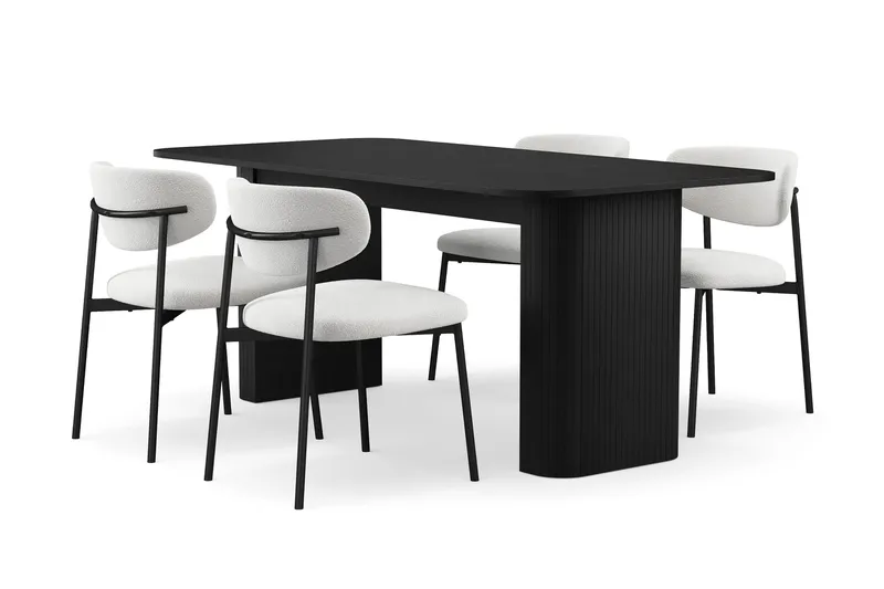 Kopparbo Spisebord 180-240 cm Uttrekkbart med 4 Lucy Spisestoler, Svart / Hvit Bouclé / Metallben Svart