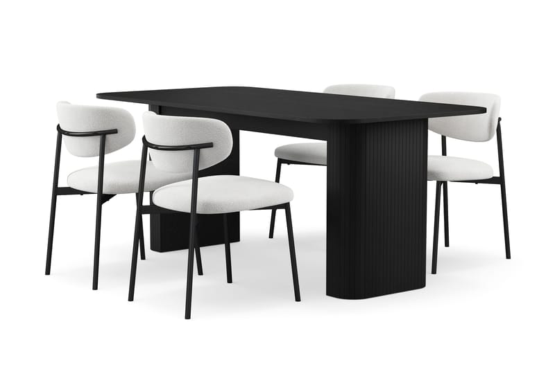 Kopparbo Spisebord 180-240 cm Uttrekkbart med 4 Lucy Spisestoler, Svart / Hvit Bouclé / Metallben Svart