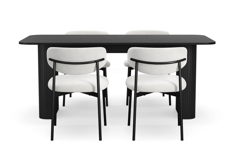 Kopparbo Spisebord 180-240 cm Uttrekkbart med 4 Lucy Spisestoler - Svart / Hvit Bouclé / Metallben Svart - Møbler - Bord - Spisegrupper