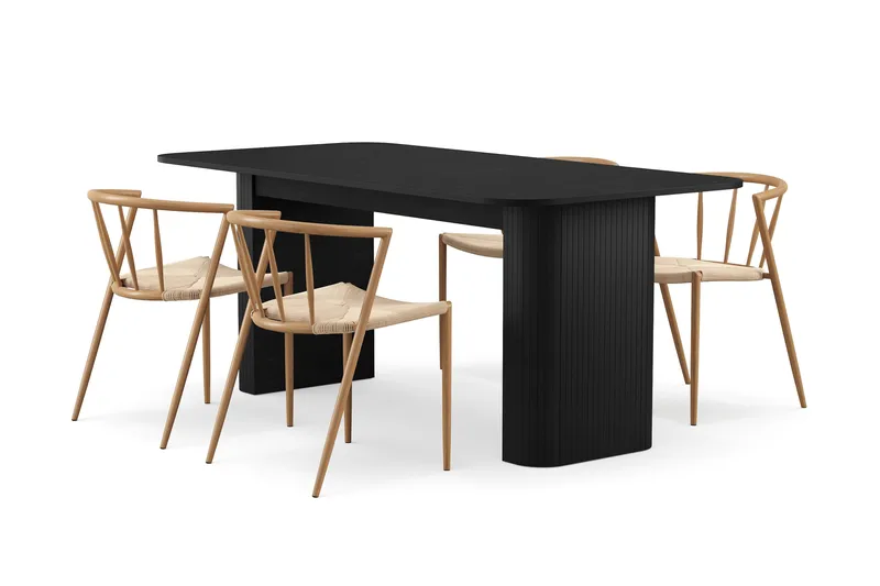 Kopparbo Spisebord 180-240 cm Uttrekkbart med 4 Winston Spisestoler, Svart / Beige / Metallben Eik