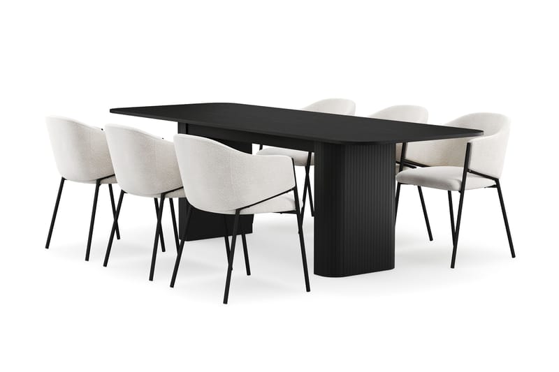 Kopparbo Spisebord 180-240 cm Uttrekkbart med 6 Filip Spisestoler, Svart / Hvit Bouclé