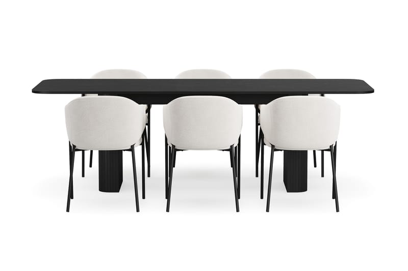 Kopparbo Spisebord 180-240 cm Uttrekkbart med 6 Filip Spisestoler - Svart / Hvit Bouclé - Møbler - Bord - Spisegrupper