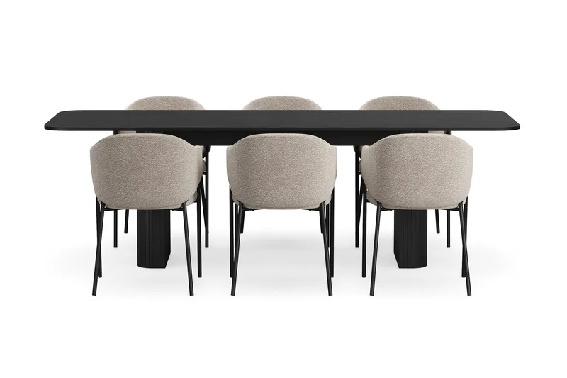 Kopparbo Spisebord 180-240 cm Uttrekkbart med 6 Filip Spisestoler - Svart / Taupe Bouclé - Møbler - Bord - Spisegrupper