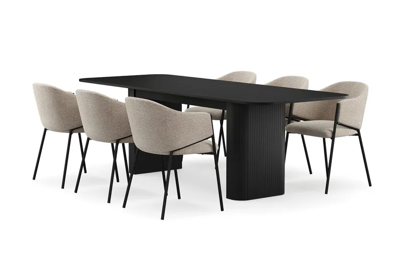 Kopparbo Spisebord 180-240 cm Uttrekkbart med 6 Filip Spisestoler, Svart / Taupe Bouclé