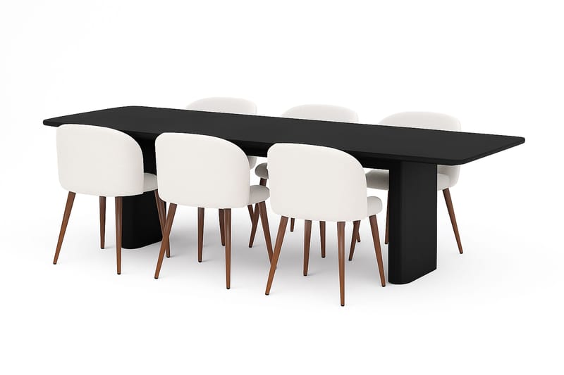 Kopparbo Spisebord 180-240 cm Uttrekkbart med 6 Greya Spisestoler med armlener, Svart / Hvit Bouclé / Metallben Valnøtt