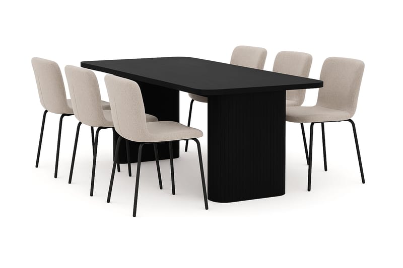 Kopparbo Spisebord 180-240 cm Uttrekkbart med 6 Katy Spisestoler, Svart / Greige Bouclé / Metallben Svart