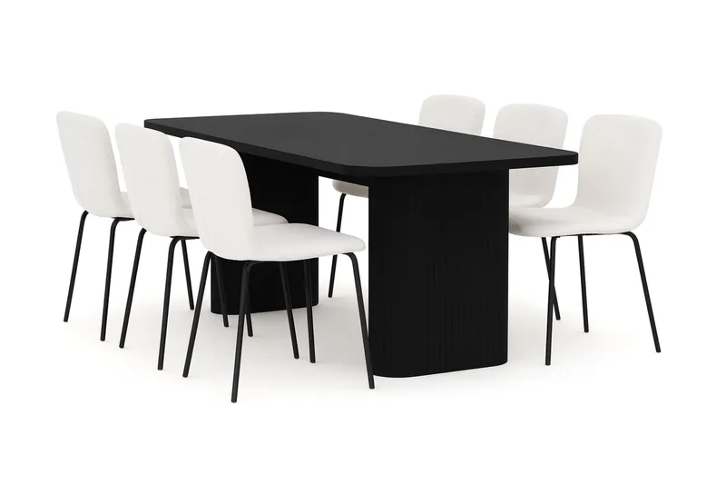 Kopparbo Spisebord 180-240 cm Uttrekkbart med 6 Katy Spisestoler, Svart / Hvit Bouclé / Metallben Svart