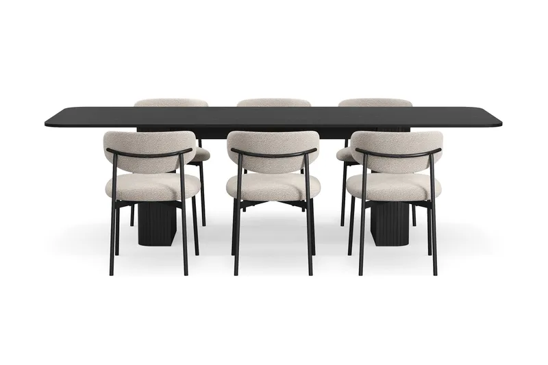 Kopparbo Spisebord 180-240 cm Uttrekkbart med 6 Lucy Spisestoler - Svart / Greige Bouclé / Metallben Svart - Møbler - Bord - Spisegrupper