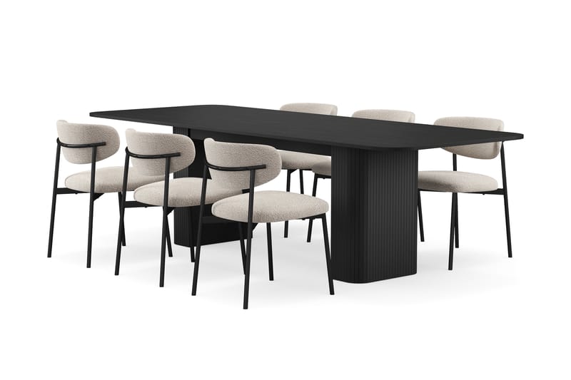 Kopparbo Spisebord 180-240 cm Uttrekkbart med 6 Lucy Spisestoler, Svart / Greige Bouclé / Metallben Svart