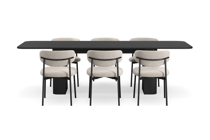 Kopparbo Spisebord 180-240 cm Uttrekkbart med 6 Lucy Spisestoler - Svart / Greige Bouclé / Metallben Svart - Møbler - Bord - Spisegrupper