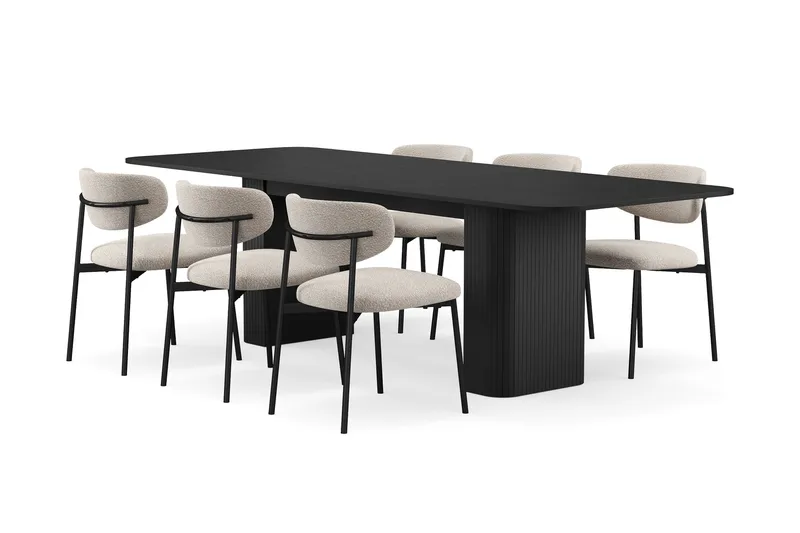 Kopparbo Spisebord 180-240 cm Uttrekkbart med 6 Lucy Spisestoler, Svart / Greige Bouclé / Metallben Svart