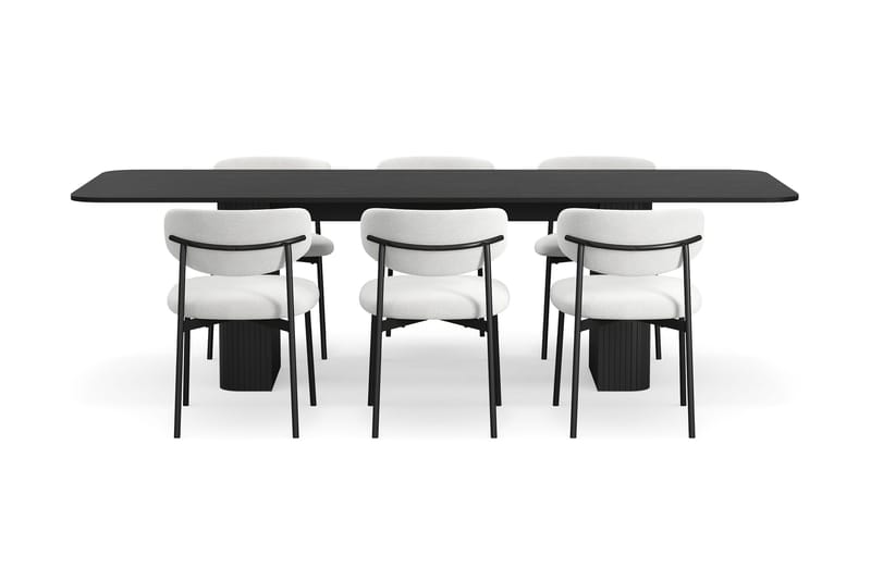 Kopparbo Spisebord 180-240 cm Uttrekkbart med 6 Lucy Spisestoler - Svart / Hvit Bouclé / Metallben Svart - Møbler - Bord - Spisegrupper