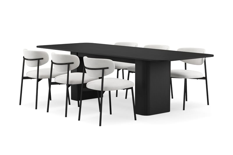 Kopparbo Spisebord 180-240 cm Uttrekkbart med 6 Lucy Spisestoler, Svart / Hvit Bouclé / Metallben Svart