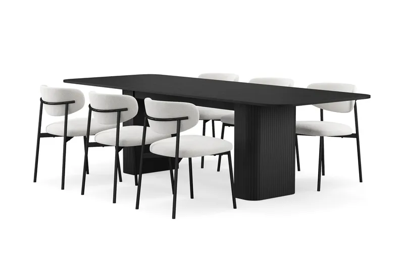 Kopparbo Spisebord 180-240 cm Uttrekkbart med 6 Lucy Spisestoler, Svart / Hvit Bouclé / Metallben Svart
