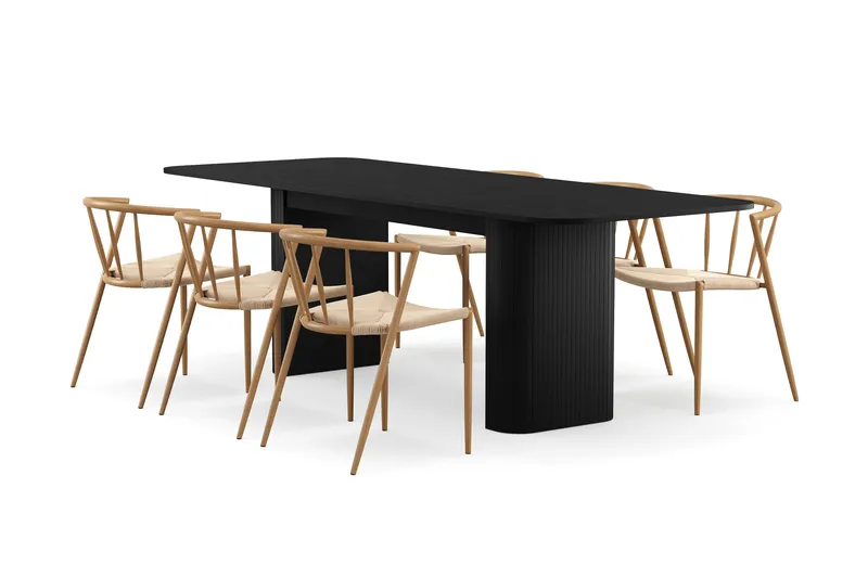 Kopparbo Spisebord 180-240 cm Uttrekkbart med 6 Winston Spisestoler, Svart / Beige / Metallben Eik