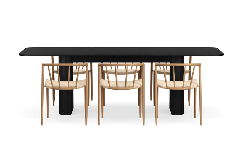 Kopparbo Spisebord 180-240 cm Uttrekkbart med 6 Winston Spisestoler - Svart / Beige / Metallben Eik - Møbler - Bord - Spisegrupper