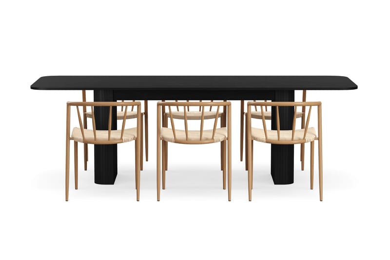 Kopparbo Spisebord 180-240 cm Uttrekkbart med 6 Winston Spisestoler - Svart / Beige / Metallben Eik - Møbler - Bord - Spisegrupper