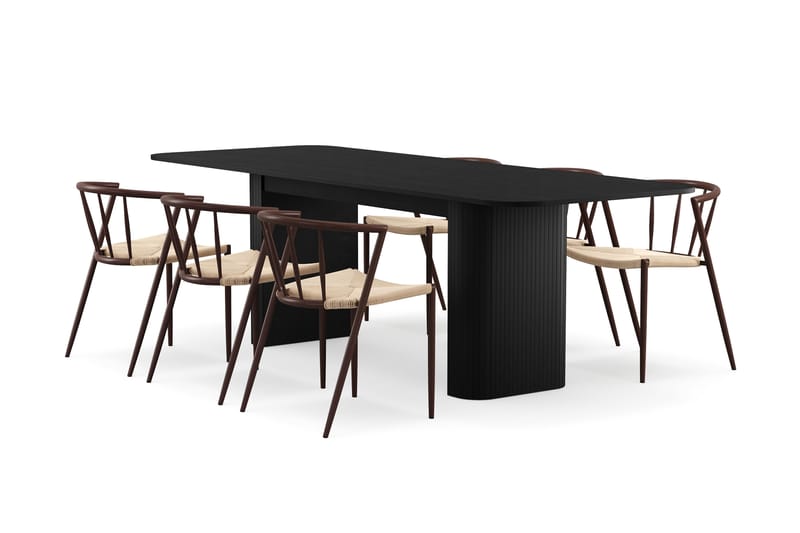 Kopparbo Spisebord 180-240 cm Uttrekkbart med 6 Winston Spisestoler, Svart / Beige / Metallben Røkt eik