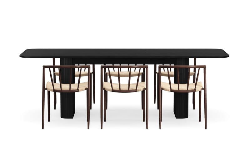 Kopparbo Spisebord 180-240 cm Uttrekkbart med 6 Winston Spisestoler - Svart / Beige / Metallben Røkt eik - Møbler - Bord - Spisegrupper