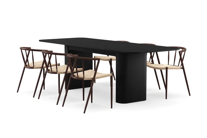 Kopparbo Spisebord 180-240 cm Uttrekkbart med 6 Winston Spisestoler, Svart / Beige / Metallben Røkt eik