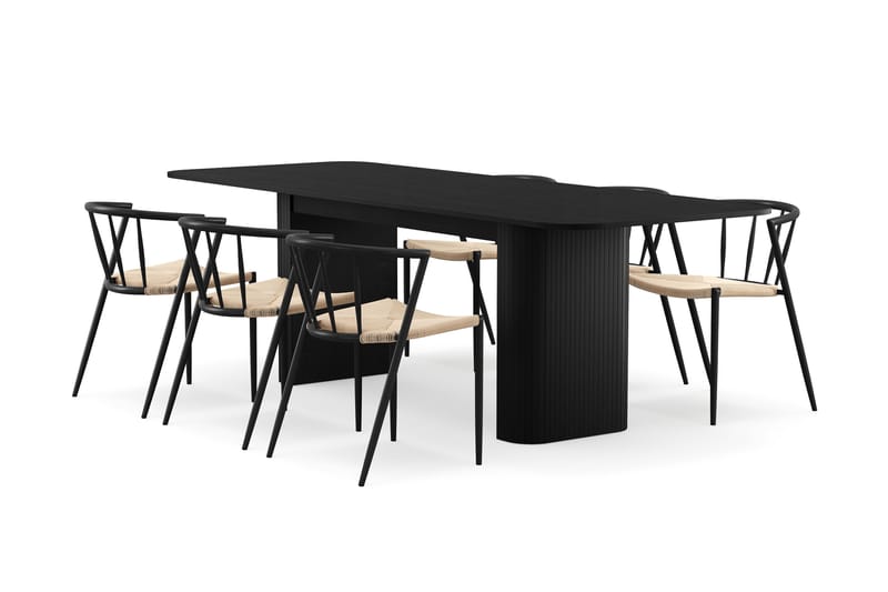 Kopparbo Spisebord 180-240 cm Uttrekkbart med 6 Winston Spisestoler, Svart / Beige / Metallben Svart