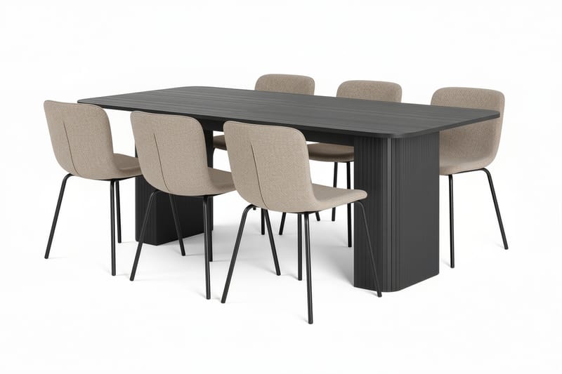 Kopparbo Spisebord 200-260 cm Uttrekkbart med 4 Katy Spisestoler, Svart / Greige Bouclé / Metallben Svart