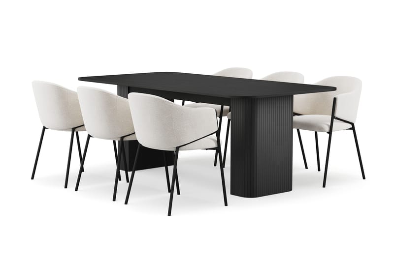 Kopparbo Spisebord 200-260 cm Uttrekkbart med 6 Filip Spisestoler, Svart / Hvit Bouclé
