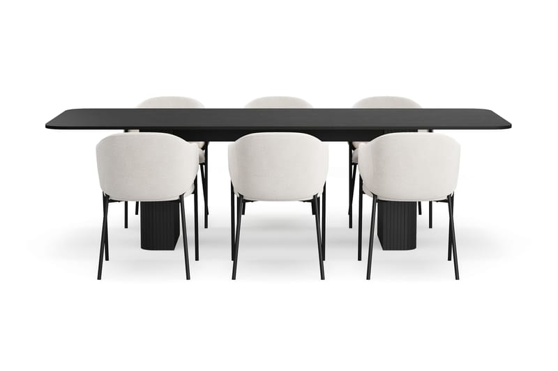 Kopparbo Spisebord 200-260 cm Uttrekkbart med 6 Filip Spisestoler - Svart / Hvit Bouclé - Møbler - Bord - Spisegrupper