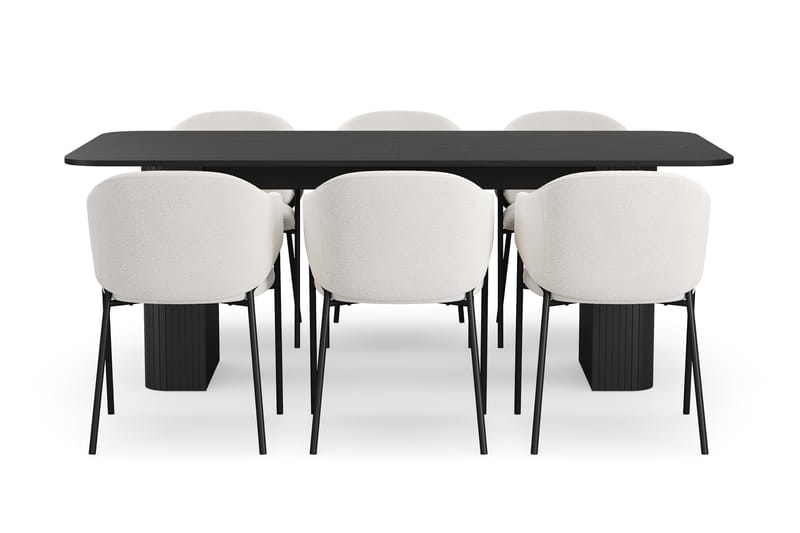 Kopparbo Spisebord 200-260 cm Uttrekkbart med 6 Filip Spisestoler - Svart / Hvit Bouclé - Møbler - Bord - Spisegrupper