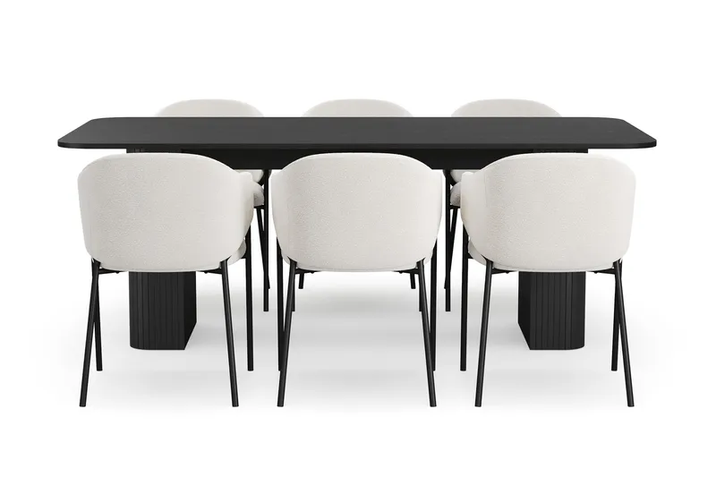 Kopparbo Spisebord 200-260 cm Uttrekkbart med 6 Filip Spisestoler - Svart / Hvit Bouclé - Møbler - Bord - Spisegrupper