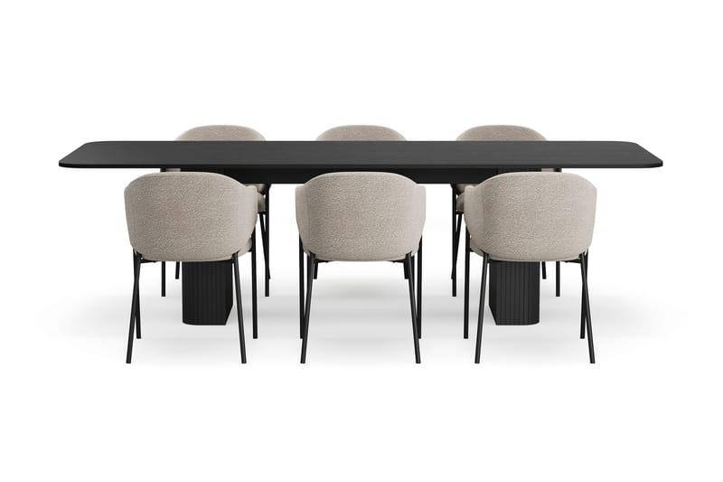 Kopparbo Spisebord 200-260 cm Uttrekkbart med 6 Filip Spisestoler - Svart / Taupe Bouclé - Møbler - Bord - Spisegrupper