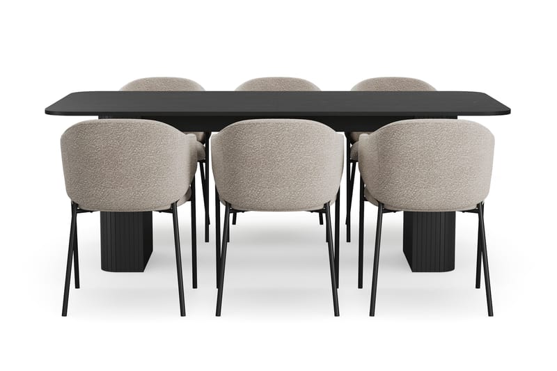 Kopparbo Spisebord 200-260 cm Uttrekkbart med 6 Filip Spisestoler - Svart / Taupe Bouclé - Møbler - Bord - Spisegrupper