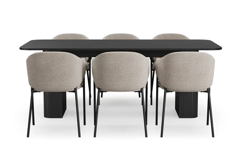 Kopparbo Spisebord 200-260 cm Uttrekkbart med 6 Filip Spisestoler - Svart / Taupe Bouclé - Møbler - Bord - Spisegrupper