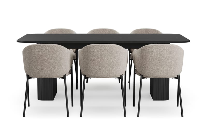 Kopparbo Spisebord 200-260 cm Uttrekkbart med 6 Filip Spisestoler - Svart / Taupe Bouclé - Møbler - Bord - Spisegrupper