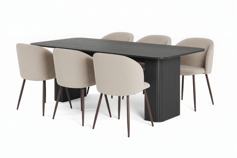 Kopparbo Spisebord 200-260 cm Uttrekkbart med 6 Greya Spisestoler med armlener, Svart / Greige Bouclé / Metallben Eik