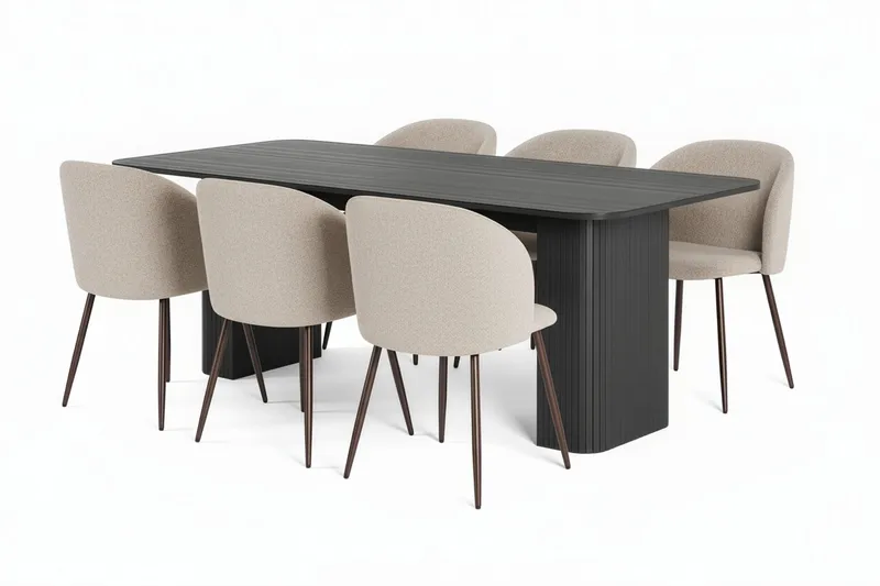 Kopparbo Spisebord 200-260 cm Uttrekkbart med 6 Greya Spisestoler med armlener, Svart / Greige Bouclé / Metallben Eik