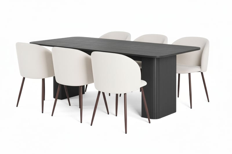 Kopparbo Spisebord 200-260 cm Uttrekkbart med 6 Greya Spisestoler med armlener, Svart / Hvit Bouclé / Metallben Valnøtt