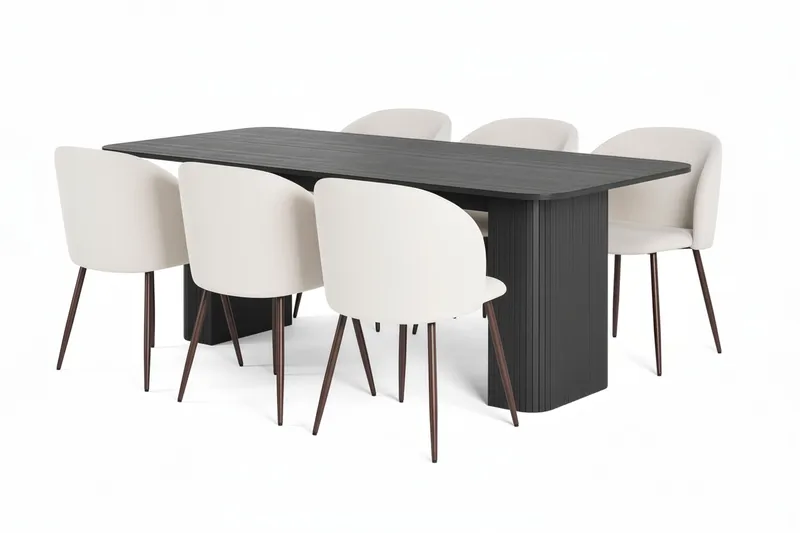 Kopparbo Spisebord 200-260 cm Uttrekkbart med 6 Greya Spisestoler med armlener, Svart / Hvit Bouclé / Metallben Valnøtt