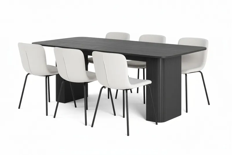 Kopparbo Spisebord 200-260 cm Uttrekkbart med 6 Katy Spisestoler, Svart / Hvit Bouclé / Metallben Svart