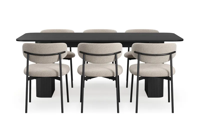 Kopparbo Spisebord 200-260 cm Uttrekkbart med 6 Lucy Spisestoler - Svart / Greige Bouclé / Metallben Svart - Møbler - Bord - Spisegrupper