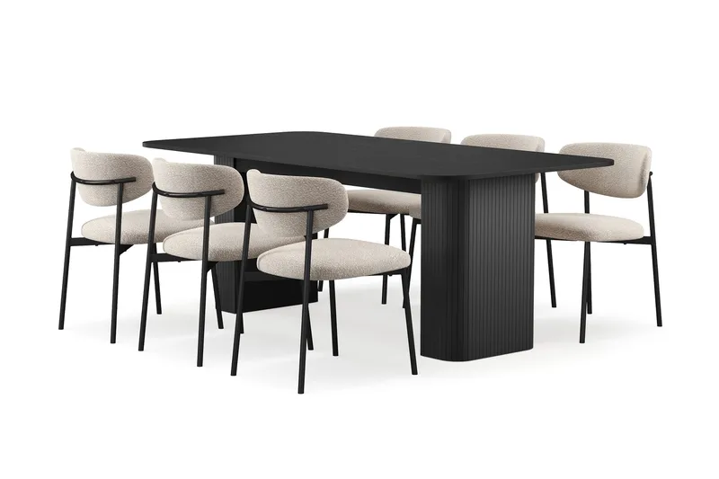 Kopparbo Spisebord 200-260 cm Uttrekkbart med 6 Lucy Spisestoler, Svart / Greige Bouclé / Metallben Svart