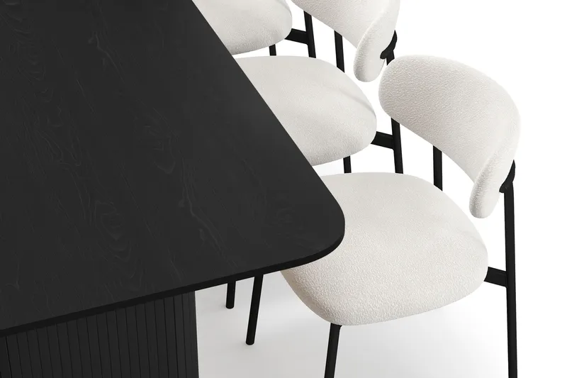 Kopparbo Spisebord 200-260 cm Uttrekkbart med 6 Lucy Spisestoler - Svart / Hvit Bouclé / Metallben Svart - Møbler - Bord - Spisegrupper