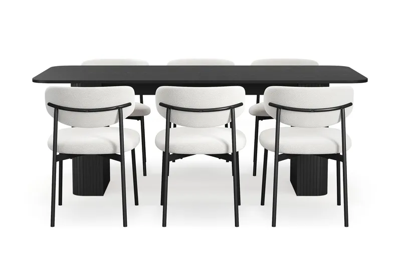 Kopparbo Spisebord 200-260 cm Uttrekkbart med 6 Lucy Spisestoler - Svart / Hvit Bouclé / Metallben Svart - Møbler - Bord - Spisegrupper