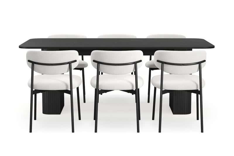 Kopparbo Spisebord 200-260 cm Uttrekkbart med 6 Lucy Spisestoler - Svart / Hvit Bouclé / Metallben Svart - Møbler - Bord - Spisegrupper