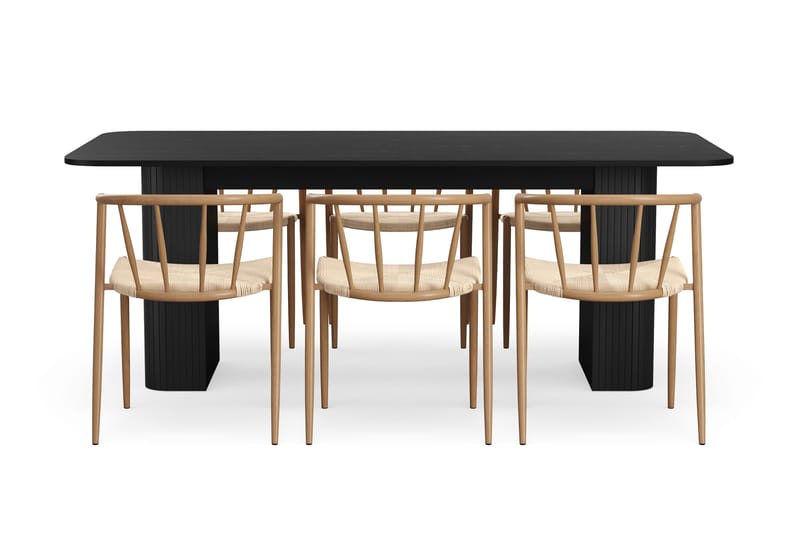Kopparbo Spisebord 200-260 cm Uttrekkbart med 6 Winston Spisestoler - Svart / Beige / Metallben Eik - Møbler - Bord - Spisegrupper