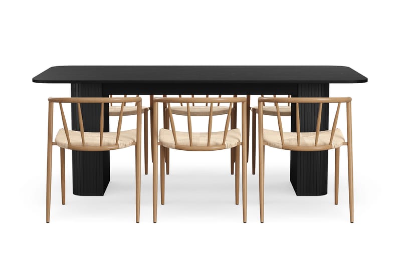 Kopparbo Spisebord 200-260 cm Uttrekkbart med 6 Winston Spisestoler - Svart / Beige / Metallben Eik - Møbler - Bord - Spisegrupper
