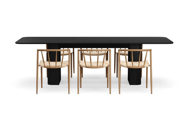 Kopparbo Spisebord 200-260 cm Uttrekkbart med 6 Winston Spisestoler - Svart / Beige / Metallben Eik - Møbler - Bord - Spisegrupper