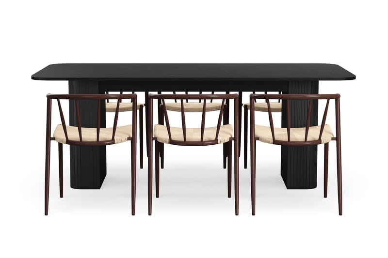 Kopparbo Spisebord 200-260 cm Uttrekkbart med 6 Winston Spisestoler - Svart / Beige / Metallben Røkt eik - Møbler - Bord - Spisegrupper